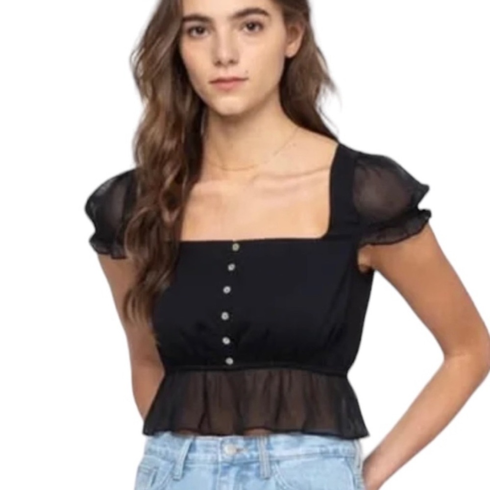 Oak + Fort Cropped Black Chiffon Peplum Top size S